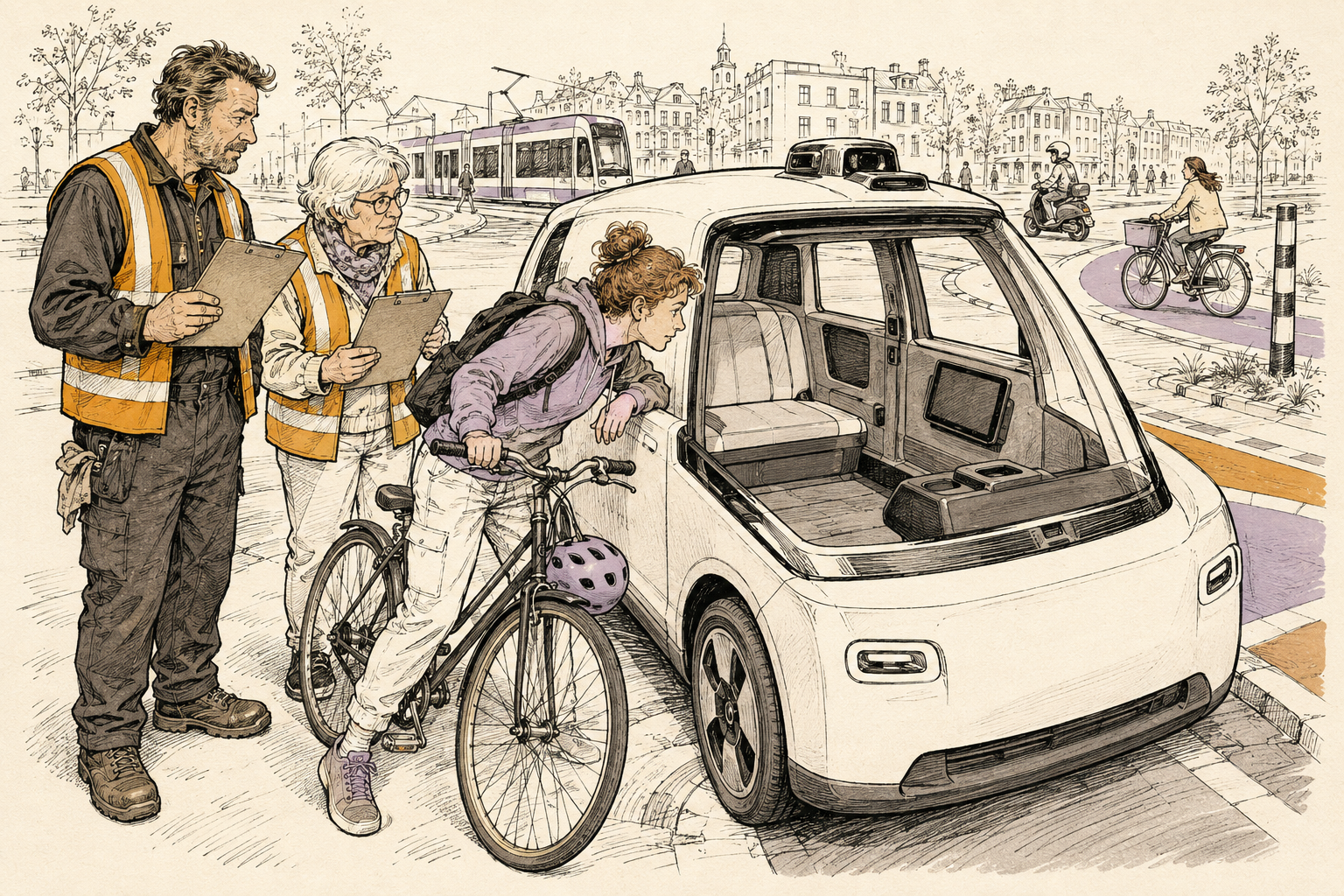 Twee inspecteurs met klemborden bekijken een zelfrijdende taxi zonder stuur langs de stoep, een fietser kijkt door het lege bestuurdersraam naar binnen