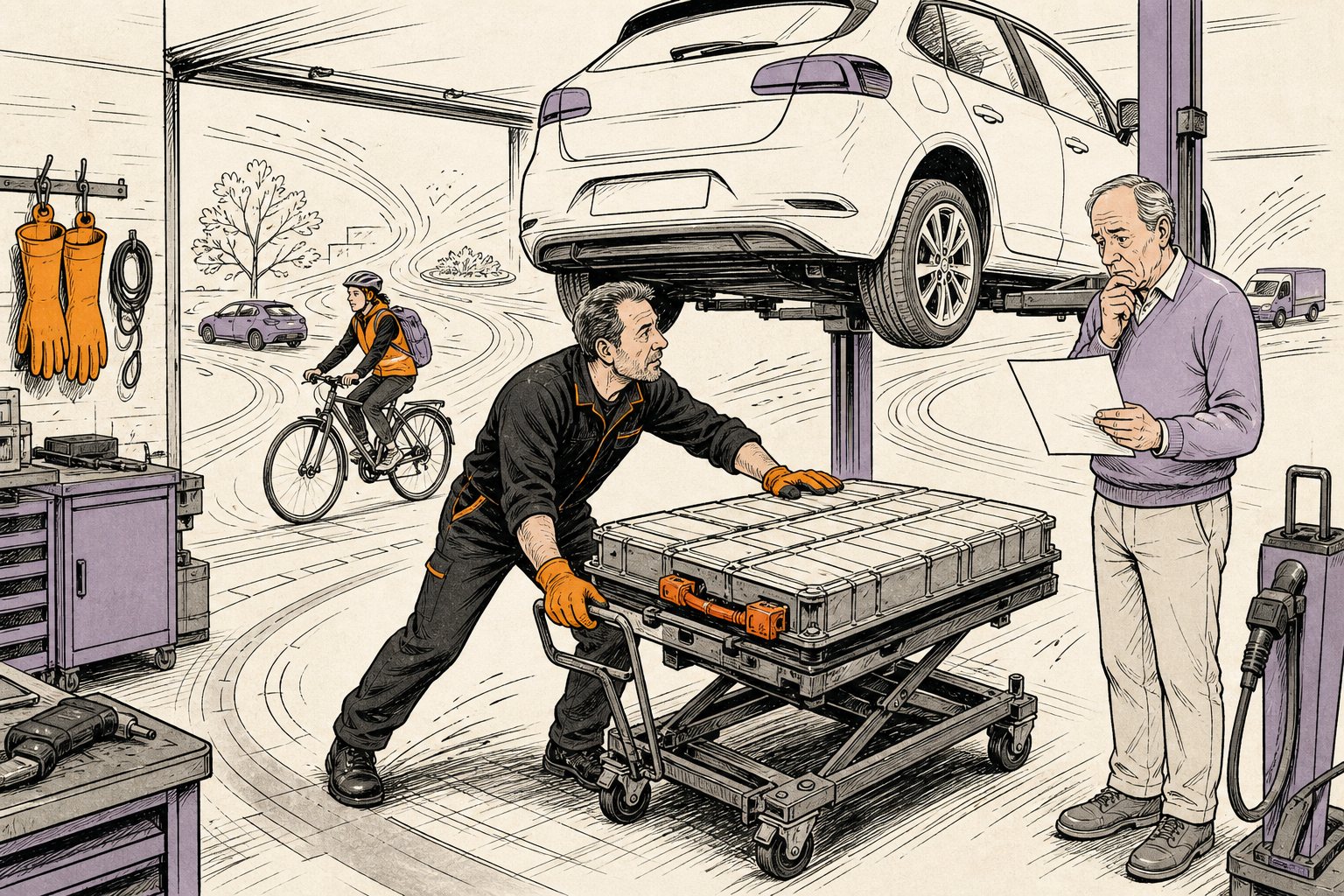 Lijnillustratie van een monteur die een nieuw accupakket onder een hatchback op de brug schuift terwijl de eigenaar de factuur vasthoudt